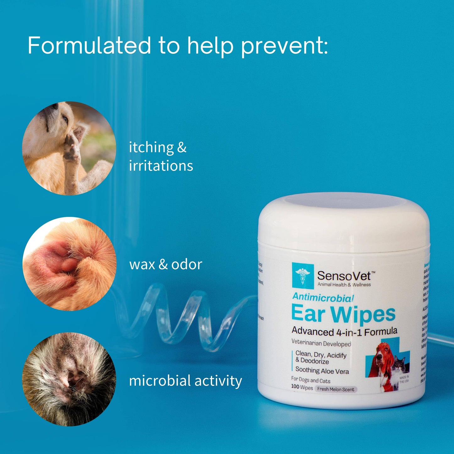 Antimicrobial Ear Wipes for Dogs & Cats - 100 Wipes