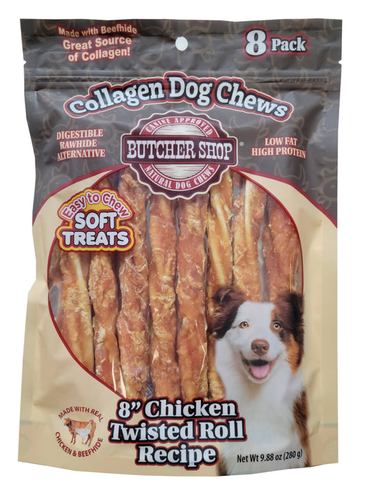 Butcher Shop Collagen Dog Chews 8" Chicken Twisted Roll 8-Pk